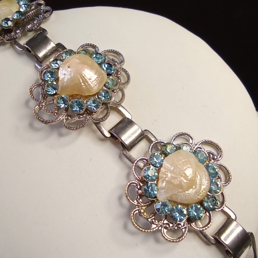 Vintage Light Blue Rhinestones and Sea She'll Bracelet on Silver